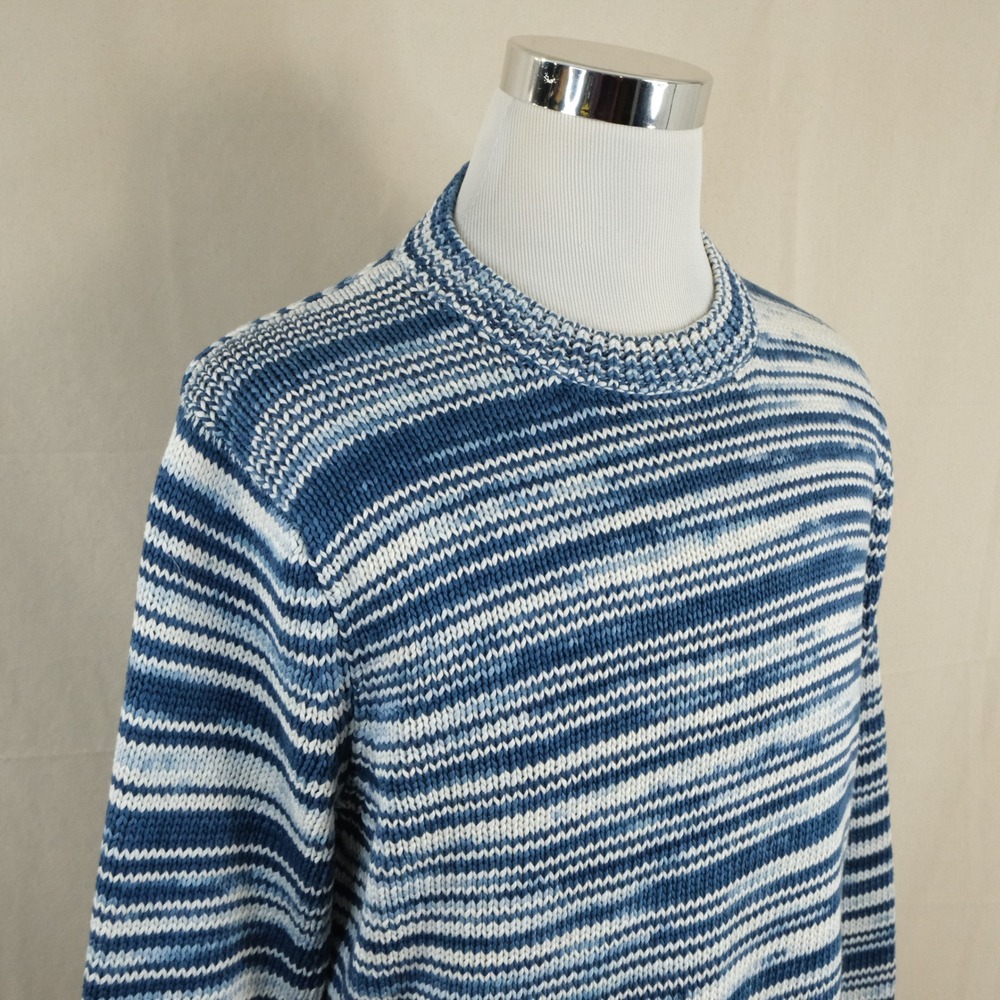 Wallace & Barnes Medium Crewneck Sweater Blue Striped 100% Cotton Knit Mens